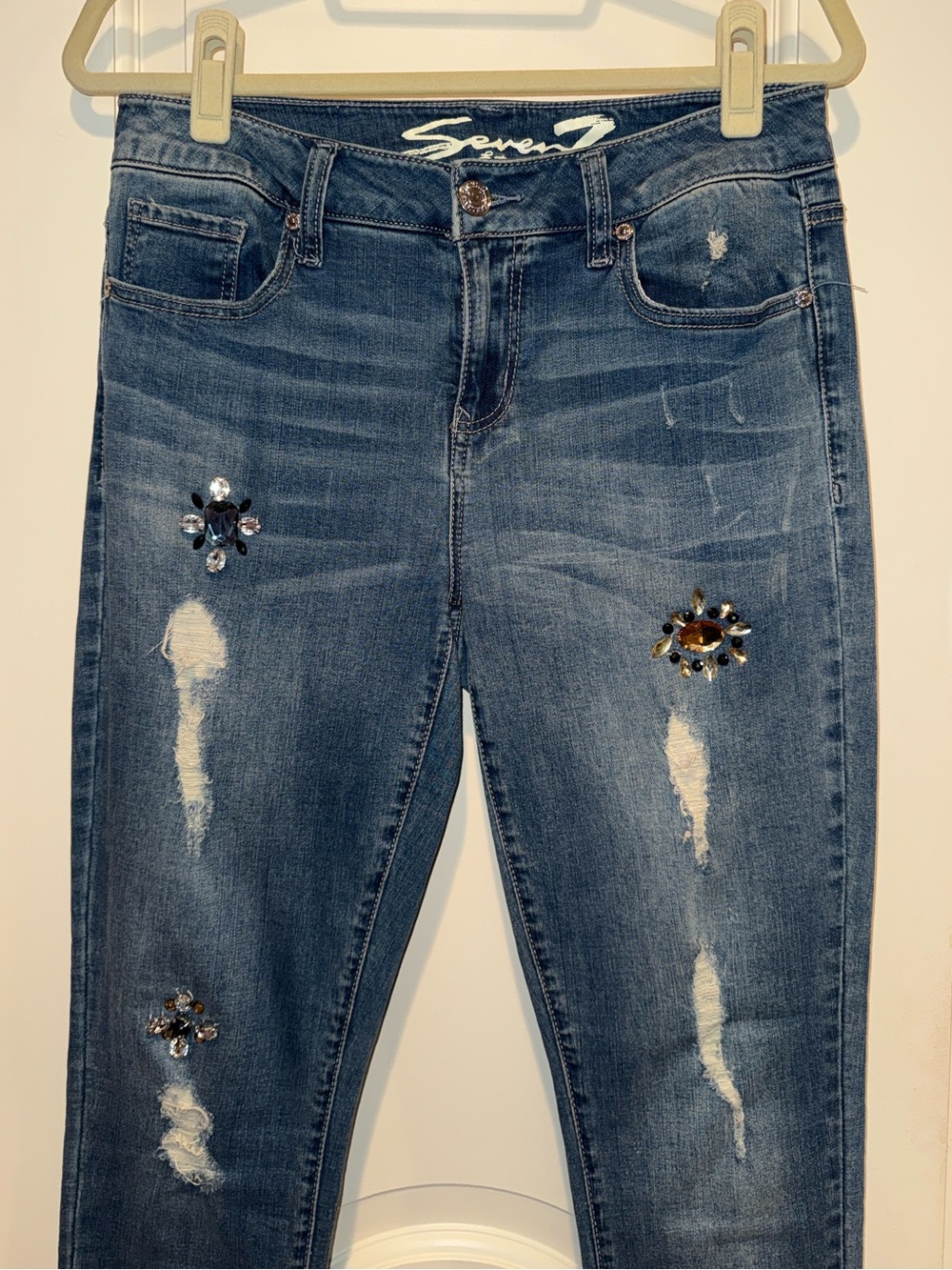 Seven7 Women’s Blue Skinny Ankle Jeans with Jewel Embellishments